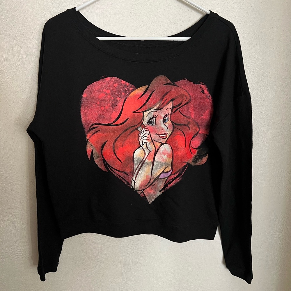 DISNEY Boat Neck Cropped Ariel Little Mermaid‎ Sweatshirt Black Red Women's Sz S